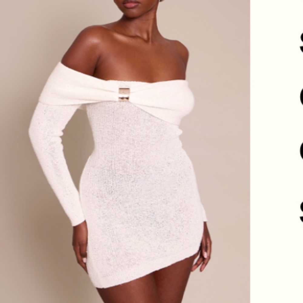 PrettyLittleThing Cream Off-Shoulder Long Sleeve Dress